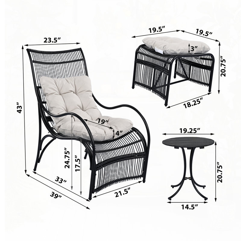 Wicker Outdoor Patio Lounge Chair with Cushions, Ottoman and table, black
