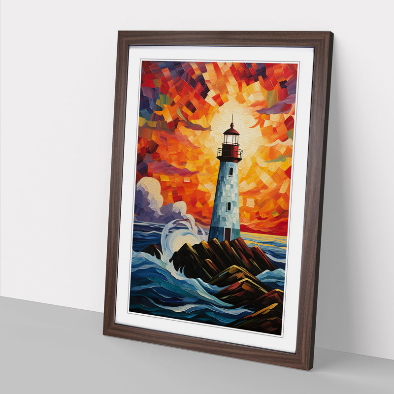 XYZ-FRM-V1223-4201 Lighthouse Orphism No.2 - Single Picture Frame Print on Wood, 64cm H x 46cm W x 2cm D, Walnut