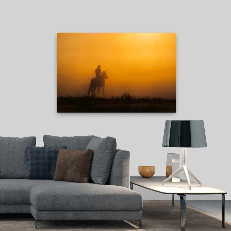 «Golden Hour Cowboy» serein abstrait cheval contemporain paysage lever de soleil