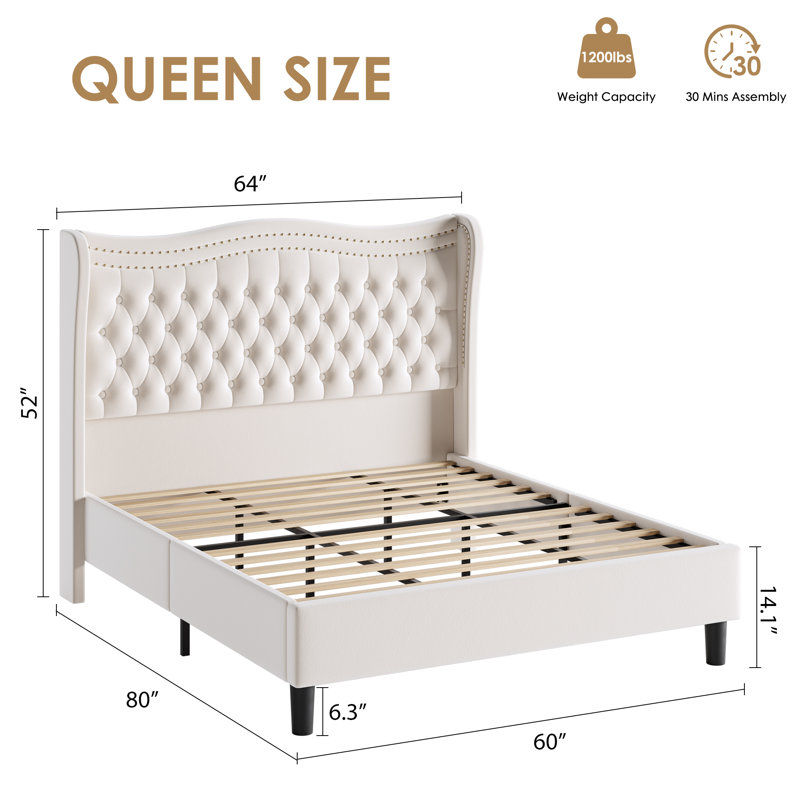 Decarie upholstered  wingback bed, Beige, Queen