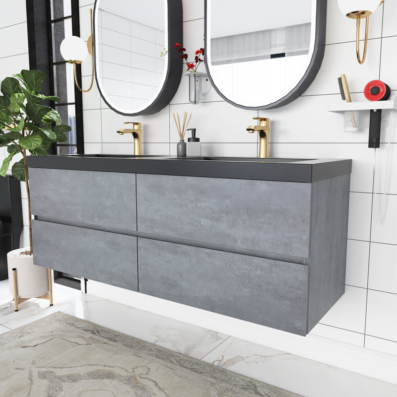 Meuble-lavabo mural double 60 po avec comptoir en quartz Ryter