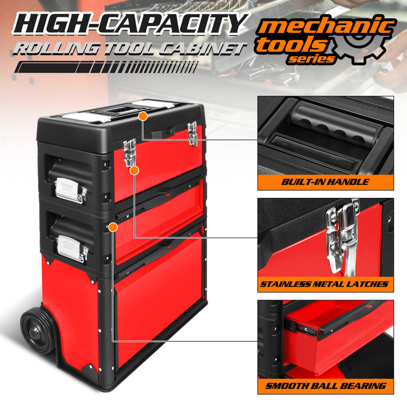 3-In-1 Stackable Tool Box With Wheels, Rolling Hand Case Tool Box Trolley Chest Cabinet With Drawer, Red