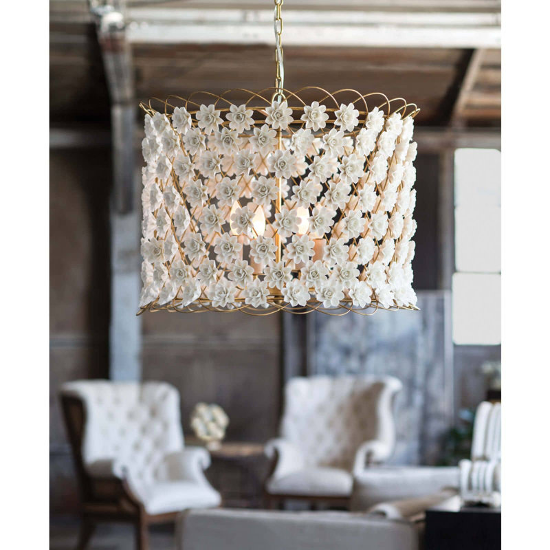 Elegant White & Gold Leaf Drum Chandelier with 4-Light Candelabra