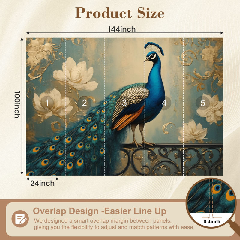 Papier peint auto-adhésif Peacock Flowers Feathers Floral Branch, L 144 po x l 100 po