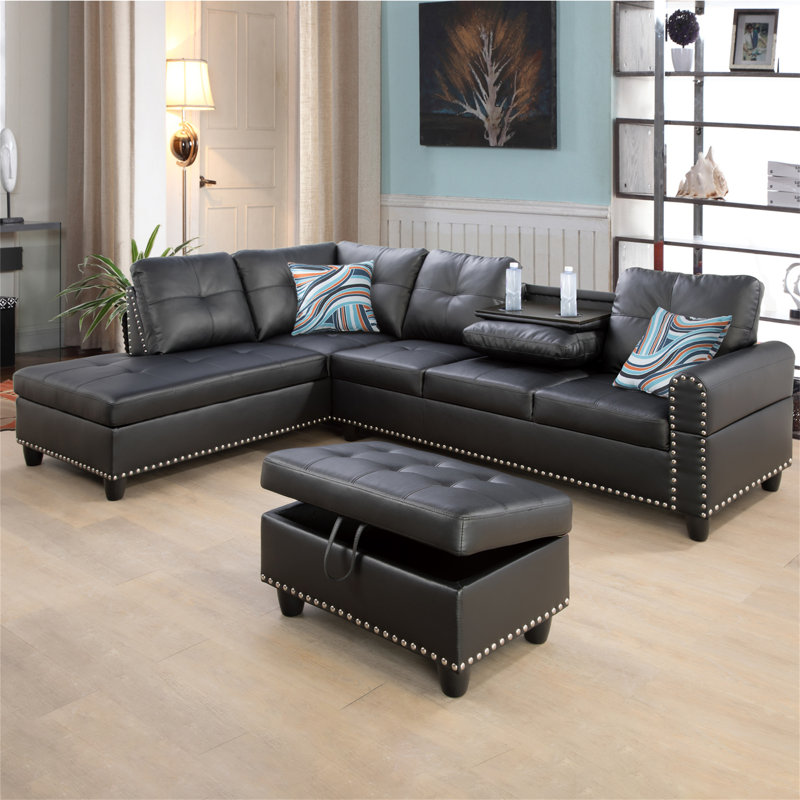 Canapé modulaire avec repose-pieds Plyler, Similicuir noir, Orienté à gauche (vu de face)