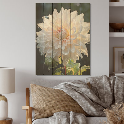 «A Dance Of White Dahlias Florescence», art mural en bois de dahlia sur bois de pin naturel