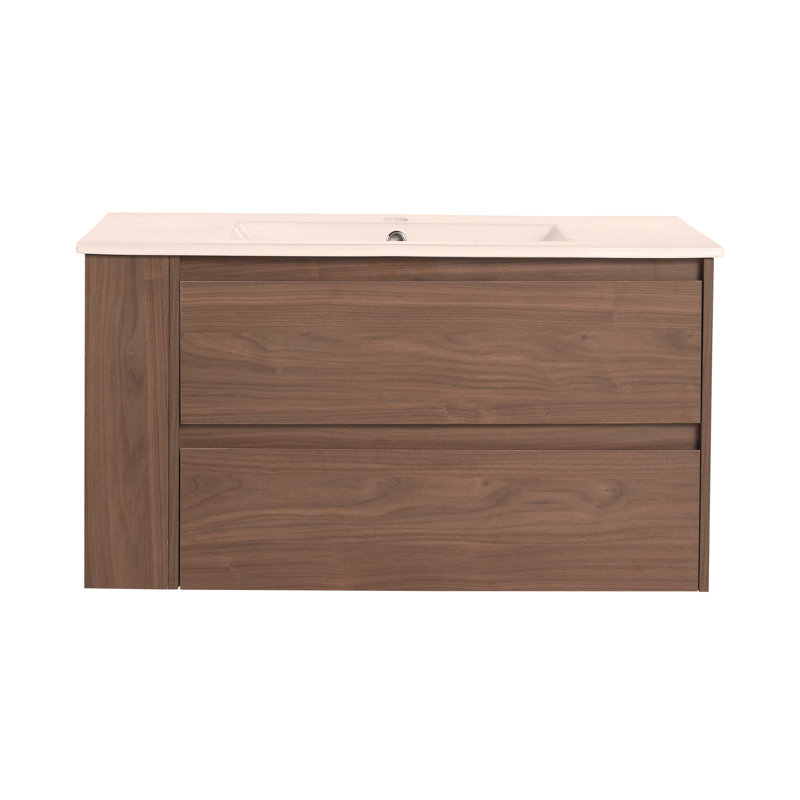 Meuble-lavabo mural 36 po avec lavabo en céramique et tiroir, Chêne brun