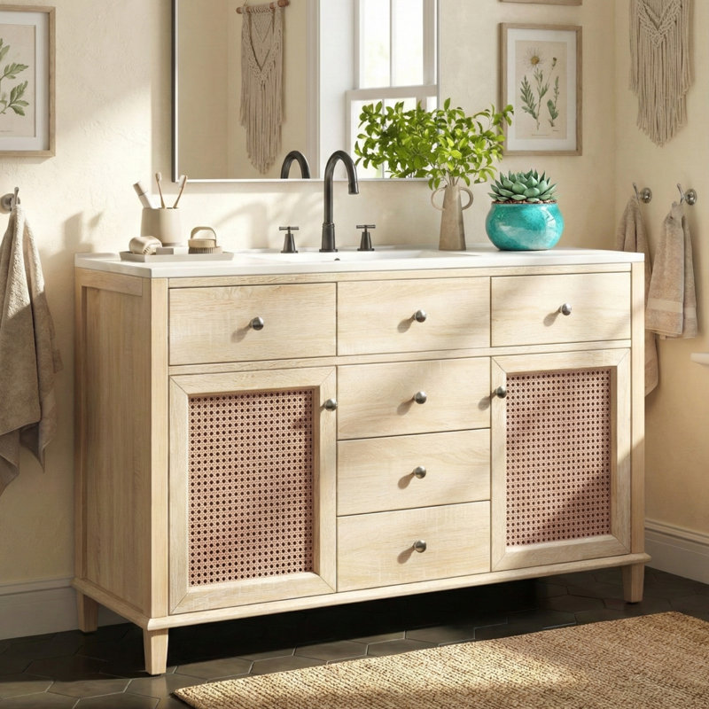 Caspian Modern Coastal Solid Wood Rattan Bathroom Vanity with 5 Drawers & Ceramic Sink