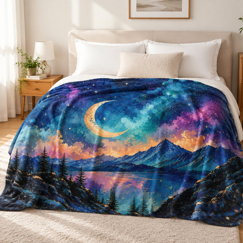 Stunning Moon and Mountains Landscape Blanket - Vibrant Galaxy Sky, Serene Lake Reflection, Artistic Design, Lightweight, Breathable, All-Season, Skin-Friendly, Machine Washable, Decorative, for Sofa, Couch, Living Room and Bedroom