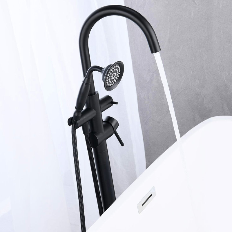 Robinet de baignoire autoportant en noir mat - Conçu pour la longévité avec un robinet de baignoire en laiton fixé au sol et une poignée de douche