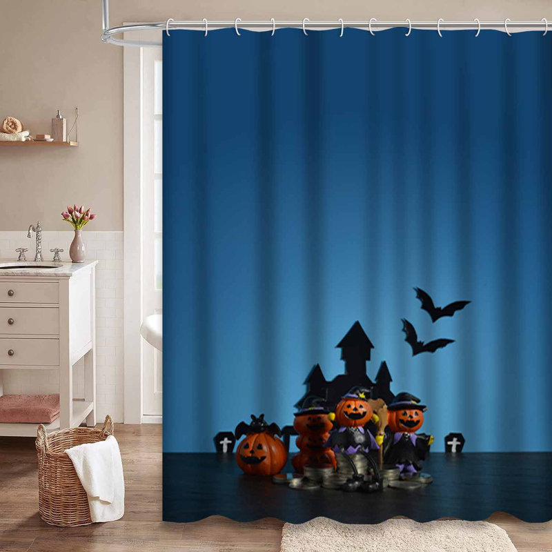 Rideau de douche d'Halloween citrouille-lanterne bleu foncé avec 12 crochets, L 72 po x l 84 po
