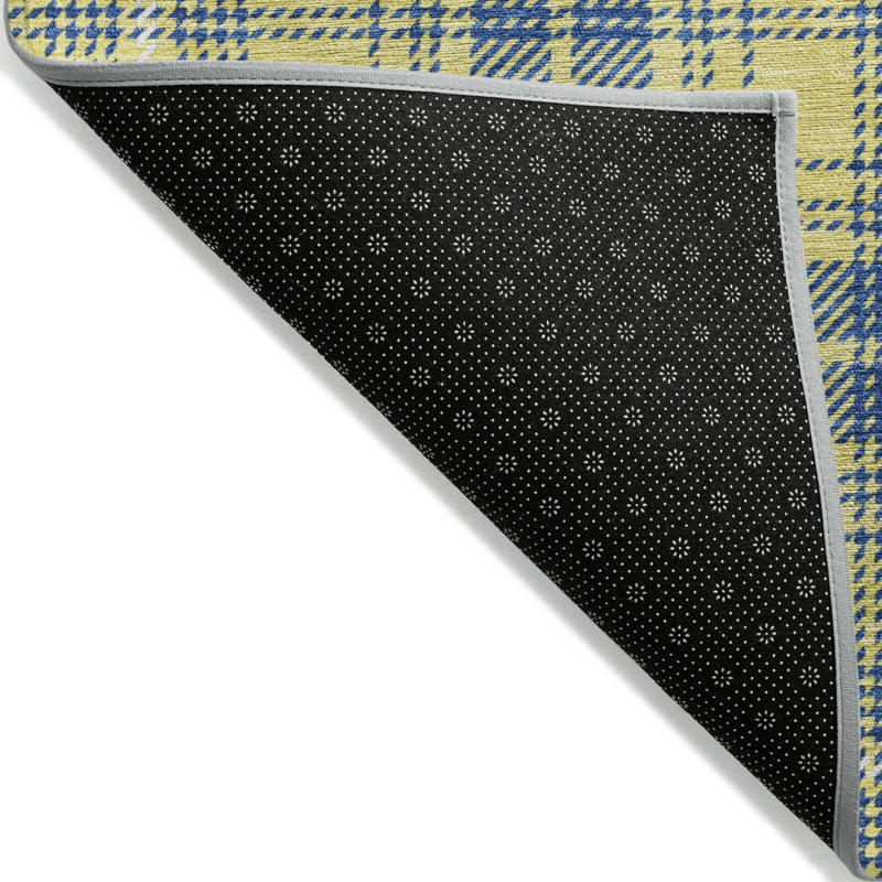 Yellow and Blue Plaid Washable Synthetic Rug, 3' x 5'