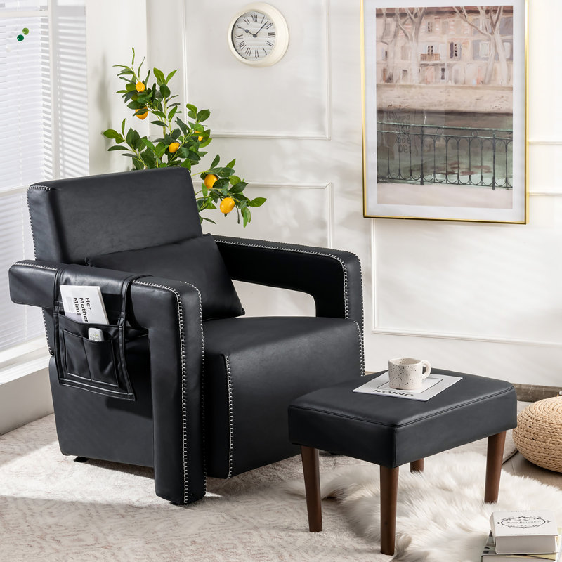 Aidenjohn Upholstered Armchair with Ottoman, Black Leathaire Fabric