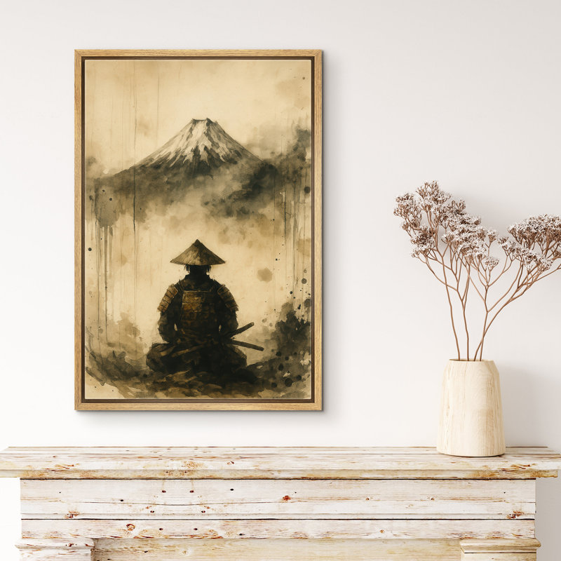 «Samurai with Mount Fuji Art», reproduction d'art sur toile encadrée, H 36 po x l 24 po x P 1,5 po, Cadre naturel