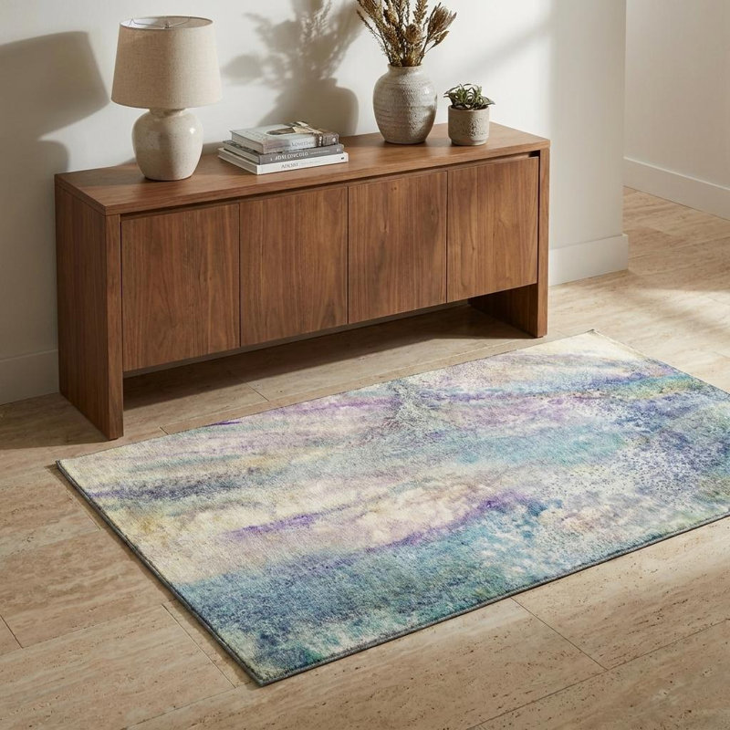 3' X 5' Blue Purple And Ivory Abstract Washable Area Rug With UV Protection
