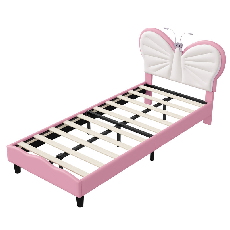 Single Children’S Bed Frame With LED Reading Lighting, Girls Bed Upholstered Platform Bed Frame With Butterfly-Shaped Adjustable Height Headboard, Easy Assembly