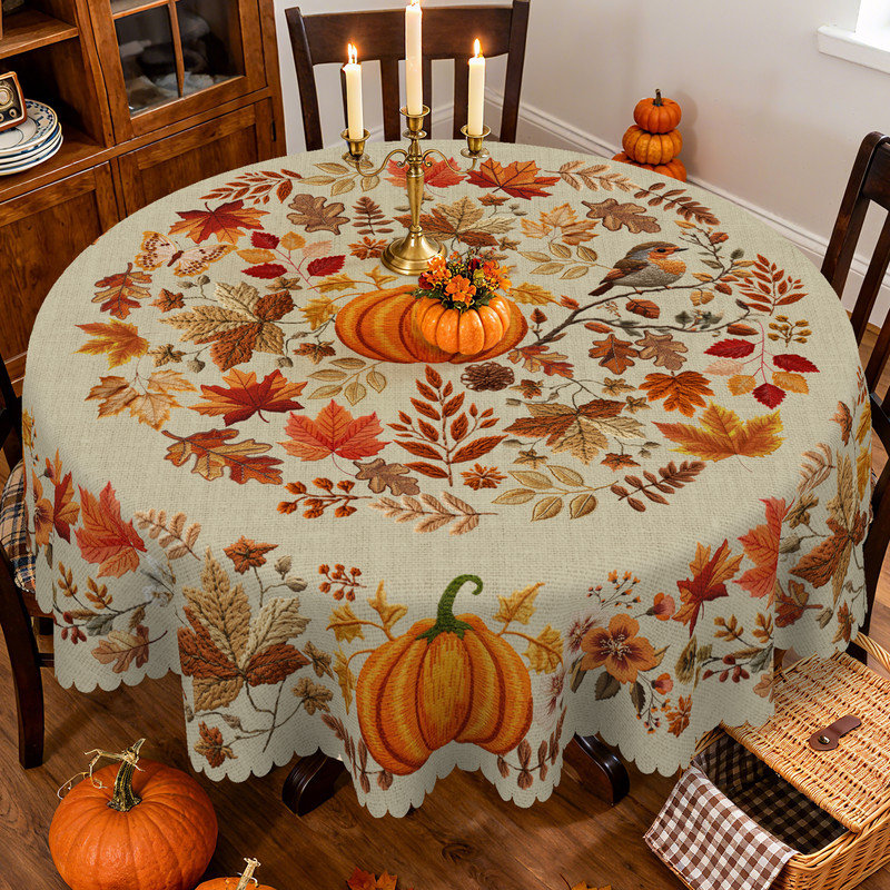 Pumpkin and Maple Leaf Pattern Washable Polyester Tablecloth