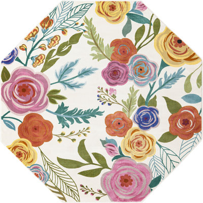 Tapis champêtre et floral de couleur ivoire / rouge vif