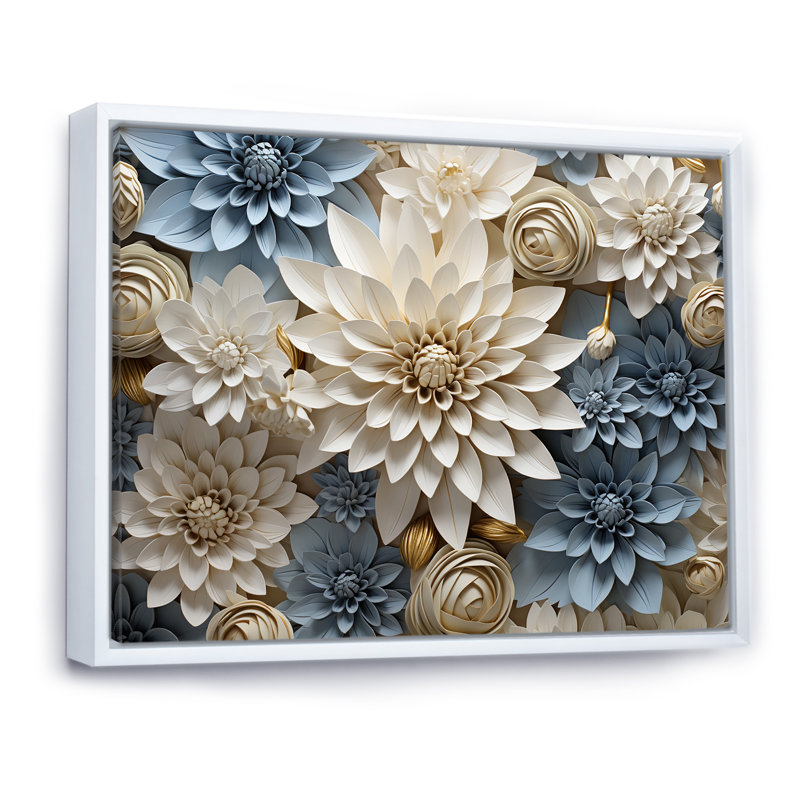 «Simplicity Mums Bloom» en beige et bleu pâle II - Mums, art mural, H 30 po x l 40 po x P 1,5 po, Cadre flottant blanc