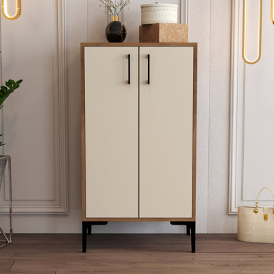 Modern Shoe Cabinet with Metal Legs, Walnut & Cream, 23.6 x 43.7 x 13.8 inches | 100% Melamine Coated Particle Board, Thickness: 0.7 inches | Numerous Shelves, Wall-Mountable, Stylish & Functional Storage Solution