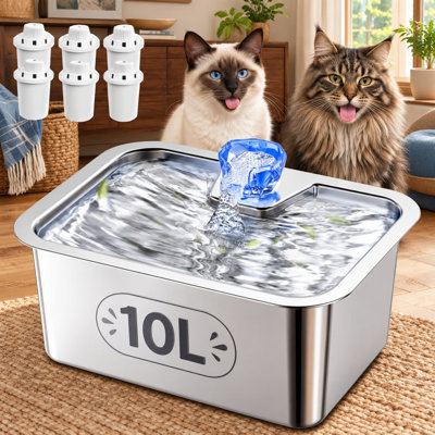 10L/2.56Gal Stainless Steel Pet Fountain for large dogs and multi-pet homes, with a 12 x 8.7 in drinking area, corded ultra-quiet operation, and 6 filters.