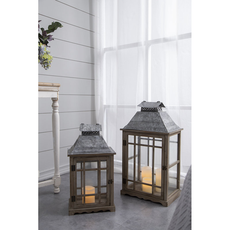 Lantern Wood+Metal+Glass 2 Pieces Brown Gray Candle Holder Decor