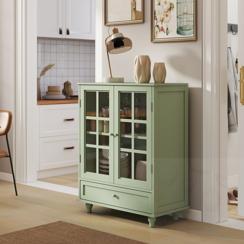 Cabinet with Double Glass Doors and Drawer, Green