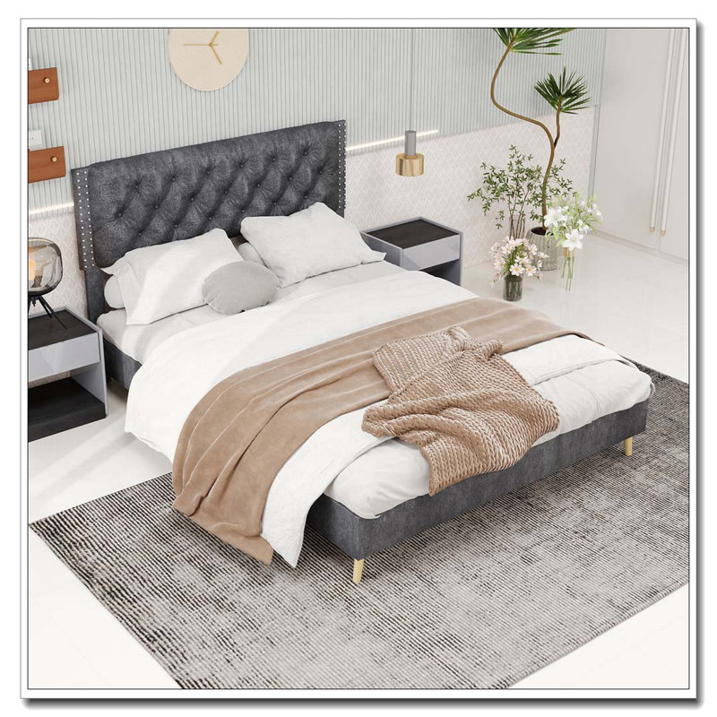 Structure de lit en velours, Gris, Grand lit