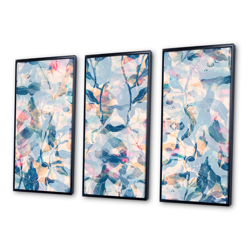 Rose et nuances de bleu - ensemble d'art mural sur toile traditionnel encadré de 3, H 28 po x l 36 po x P 1 po, Cadre noir
