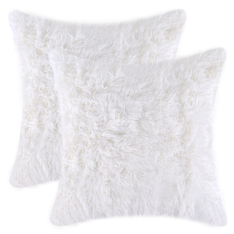 White Faux Fur Square Pillow Covers with Tassels, 20" x 20", Set of 2