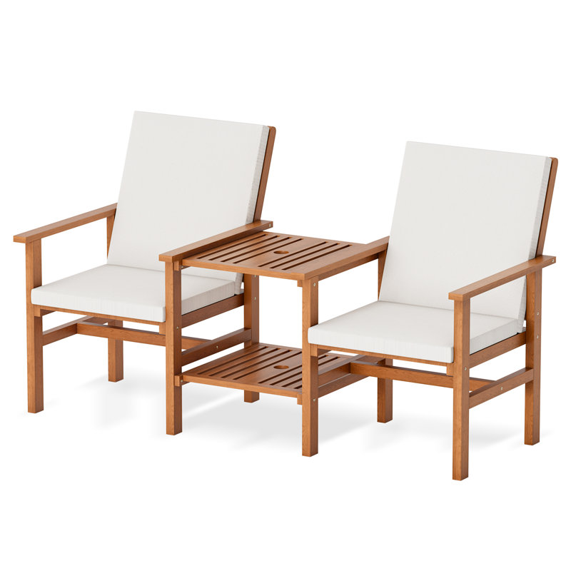 Causeuse en bois d'acacia avec table, ensemble de meubles de patio 3 pièces, causeuse d'extérieur avec table basse, ensemble de conversation en bois 2 places pour jardin, cour arrière, balcon