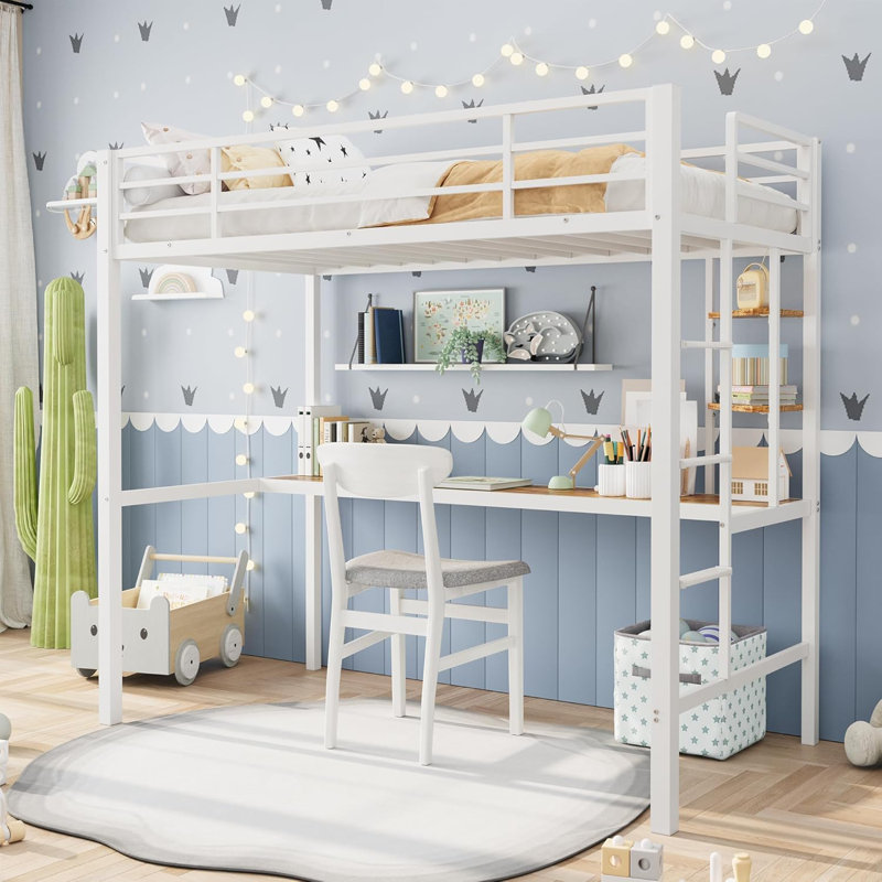 Twin Loft Bed with Large Desk & Storage Shelves, Heavy-Duty Metal Frame with Full Guardrail, Space-Saving Design