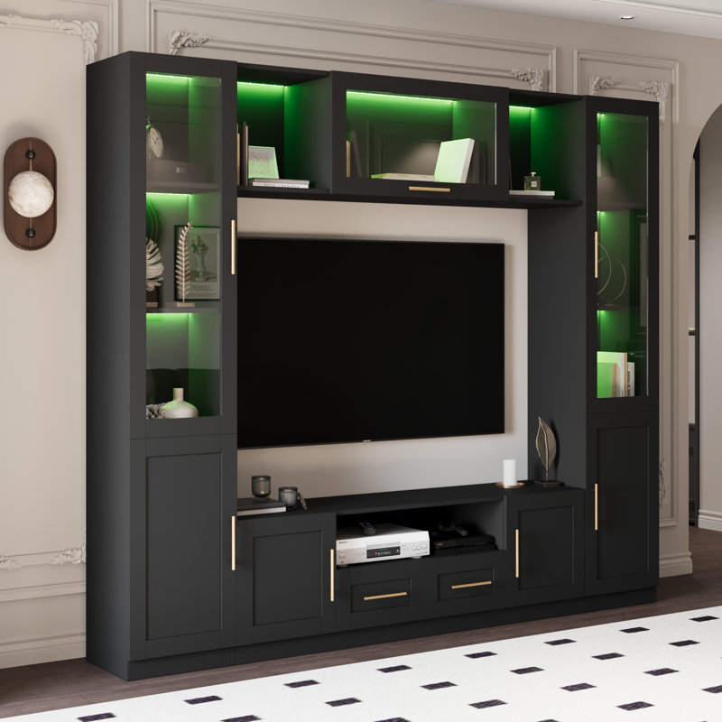 Meuble télé 4 pièces avec lumières à DEL pour téléviseur de 70 po ou moins, grand meuble audio-vidéo avec tablettes, Noir