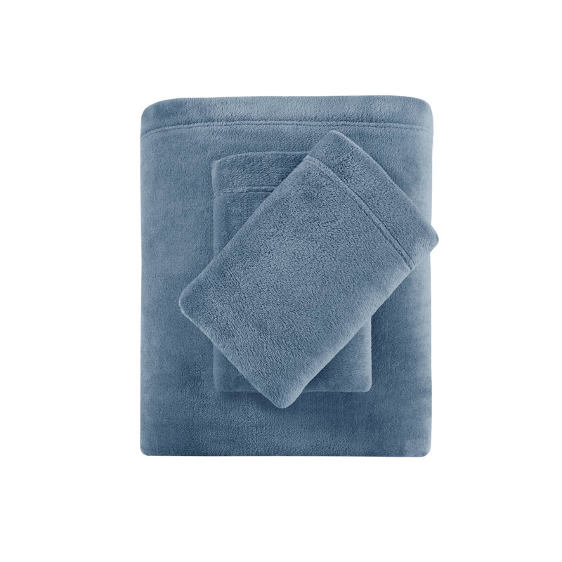 Twin Blue Solid Microfiber Plush Sheet Set