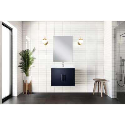 Navy Blue Single Bath Vanity 24" X 22", Marble Countertop, 18" Mirror And Faucet, Scratch- 24 In. 22 Bathroom Vanity, 18 To Scratches Stains For Years Come
