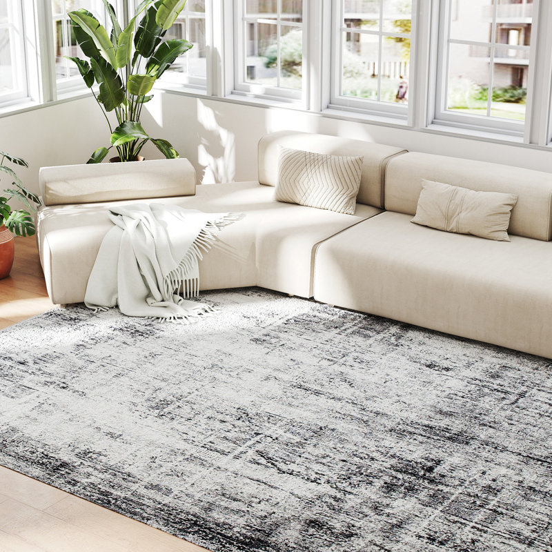 Tapis lavable moderne abstrait pour salon, gris, Rectangulaire 8 pi x 10 pi