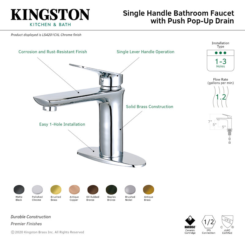 Robinet pour salle de bain à un trou avec ensemble de drain Frankfurt, Chrome poli