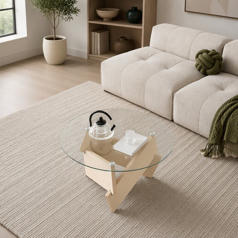 Table basse ronde avec plateau en verre trempé et base en bois, style campagne moderne, Transparent / naturel