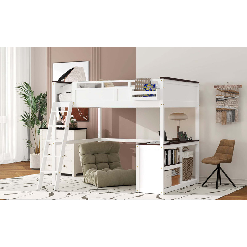 Grand lit mezzanine avec bureau, tablette ouverte et boîte de rangement, station de charge USB