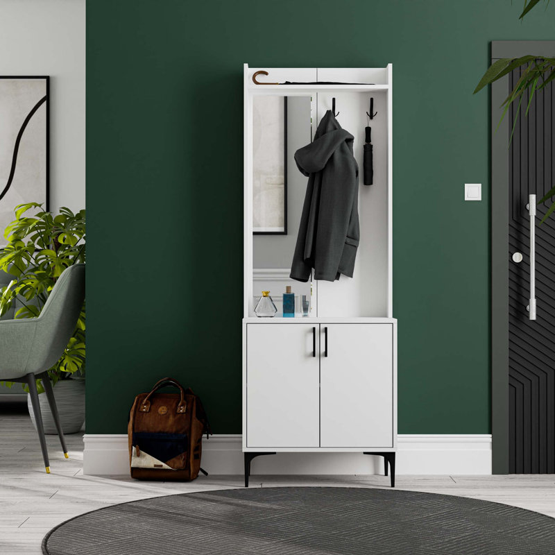 Élégant support de couloir avec miroir, blanc, 27,6 po x 77,2 po x 13,8 po | Panneau de particules 100% mélaminé | Support à usages multiples avec nombreuses tablettes | Conception murale pour un rangement supplémentaire