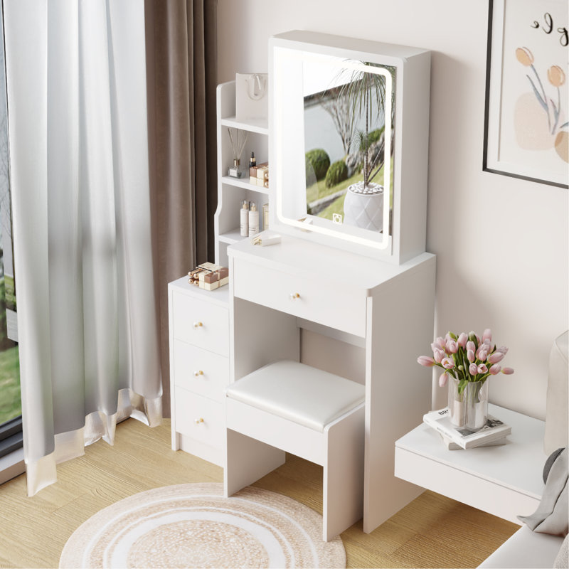 Petite coiffeuse 29,2 po avec tabouret de chevet gauche + grand tabouret rembourré, commande tactile, interrupteur tricolore, miroir à luminosité réglable, rangement grande capacité, convient aux petits espaces