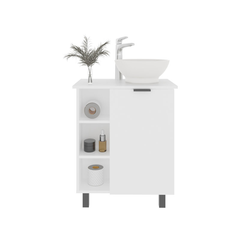 Évier de meuble-lavabo avec lavabo, 1 porte, 4 pieds, 5 tablettes, blanc, Blanc