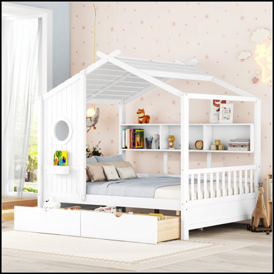 Lit robuste en bois avec 2 tiroirs et une tablette de rangement, parfait pour les chambres d'enfants et maximisant l'efficacité de l'espace