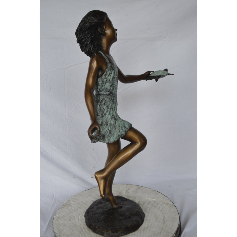 Copper and Metal Girl Holding Turtle Fountain