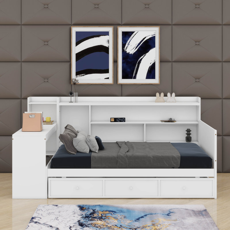 Lit de jour en bois avec 3 tiroirs, ports USB et bureau, Lit simple, Blanc