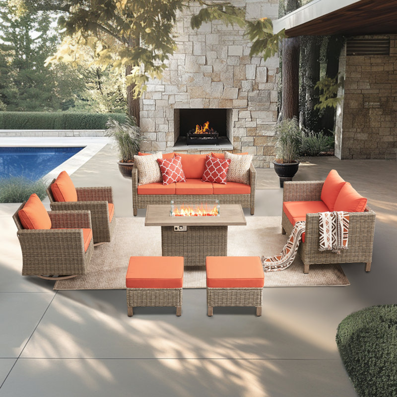 9 - Person Outdoor Wicker Patio Conversation Furniture Set With Swivel Chairs, Orange