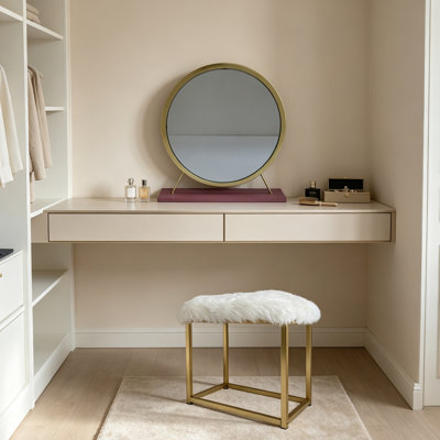 Tabouret de coiffeuse minimaliste moderne en fausse fourrure blanche avec structure en métal doré et miroir rond HD à base rose