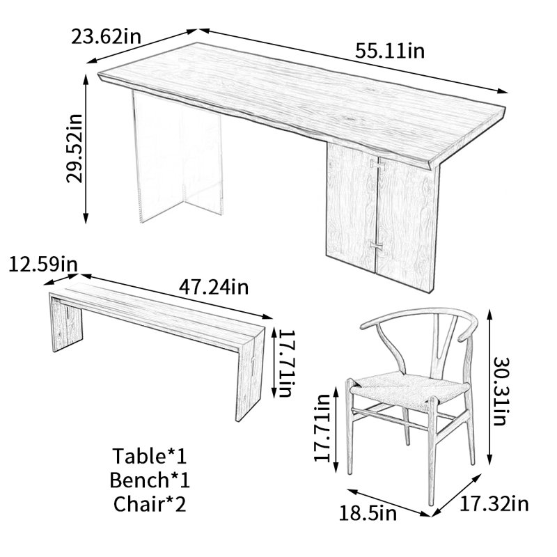 Ensemble de table de salle à manger en bois de frêne, H 29,52 po x L 55,11 po x l 23,62 po