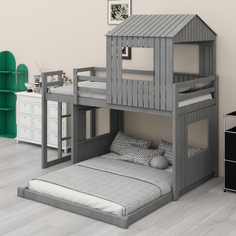 Bunk Bed With Playhouse, Farmhouse, Ladder And Guardrails, Antique Grey