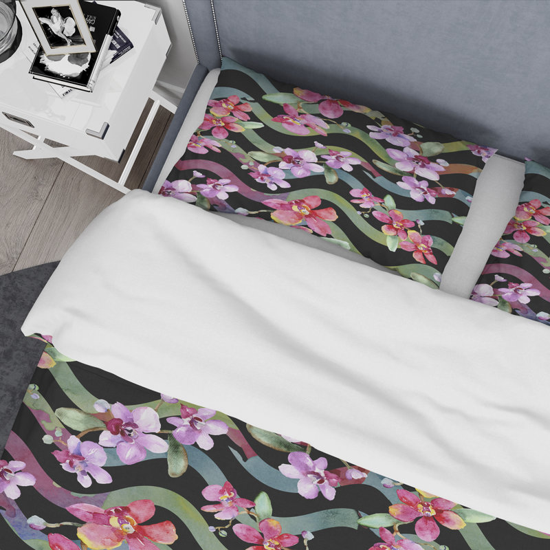 Ensemble de housse de couette en microfibre mauve avec feuilles vertes, Housse de couette pour très grand lit et 2 très